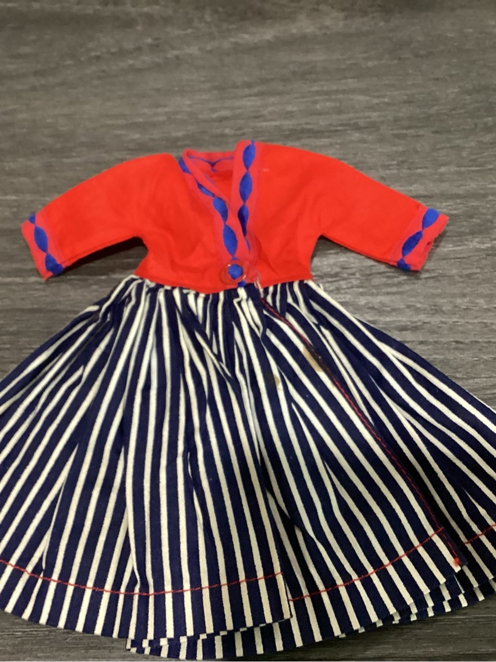 Vtg. Nancy Ann doll Dress with stripes red, navy and white. 1950s, Tag